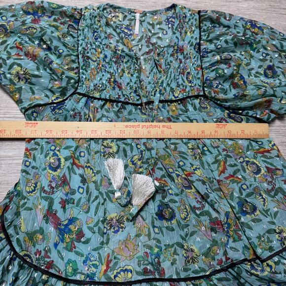 Free People Metallic Floral Midi Dress XS Puff Sleeve Light Blue Lined Oversized - Picture 7 of 9